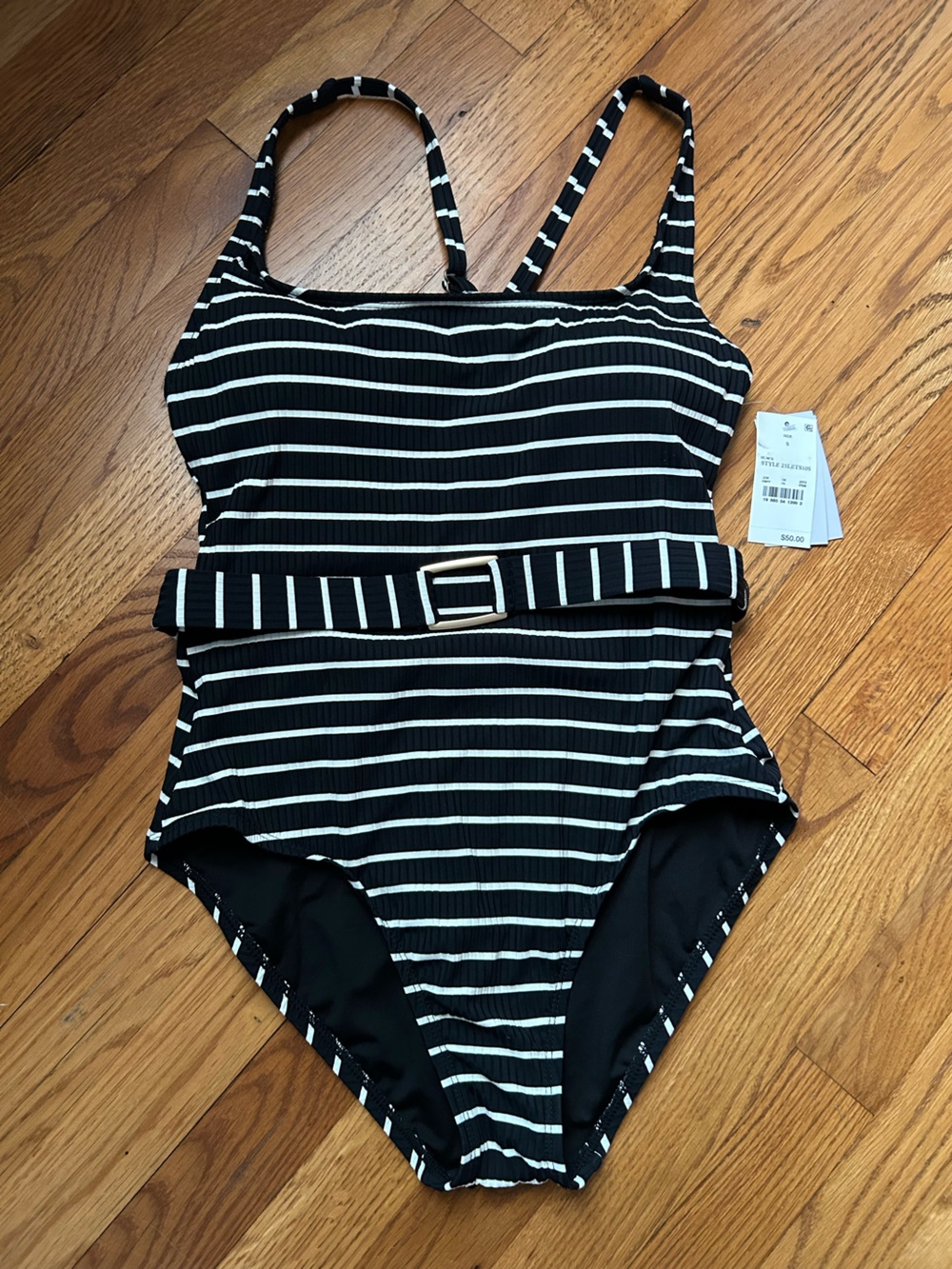 Lands' End Black and White Striped One-Piece Swimsuit with Belt small